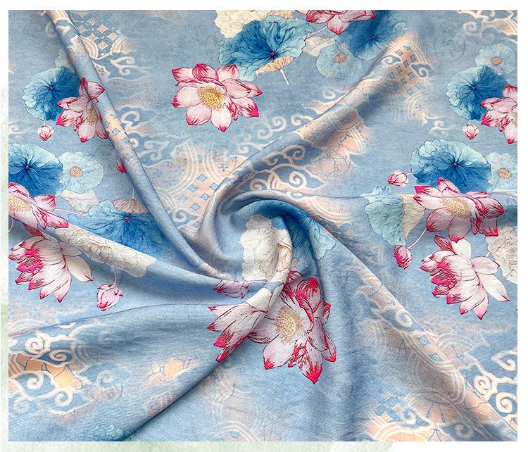 Blue Lotus Cotton Fabric by Yard, Oriental Floral Printed Textile, Soft Dress Fabric for Sewing Quilting Home Decor, 59"Wide