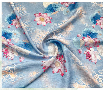 Blue Lotus Cotton Fabric by Yard, Oriental Floral Printed Textile, Soft Dress Fabric for Sewing Quilting Home Decor, 59"Wide