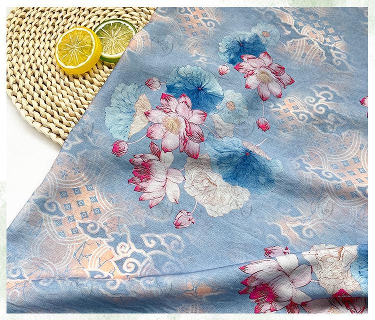 Blue Lotus Cotton Fabric by Yard, Oriental Floral Printed Textile, Soft Dress Fabric for Sewing Quilting Home Decor, 59"Wide