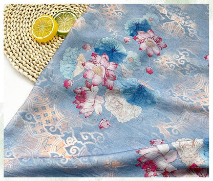 Blue Lotus Cotton Fabric by Yard, Oriental Floral Printed Textile, Soft Dress Fabric for Sewing Quilting Home Decor, 59"Wide