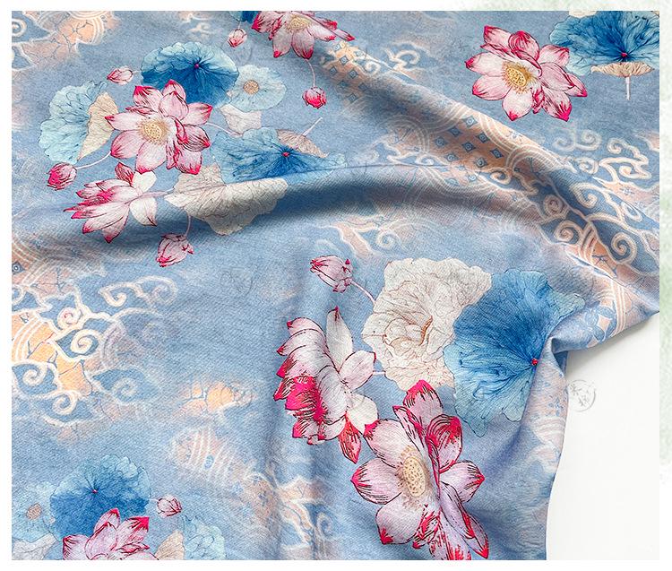 Blue Lotus Cotton Fabric by Yard, Oriental Floral Printed Textile, Soft Dress Fabric for Sewing Quilting Home Decor, 59"Wide