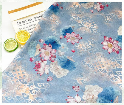 Blue Lotus Cotton Fabric by Yard, Oriental Floral Printed Textile, Soft Dress Fabric for Sewing Quilting Home Decor, 59"Wide