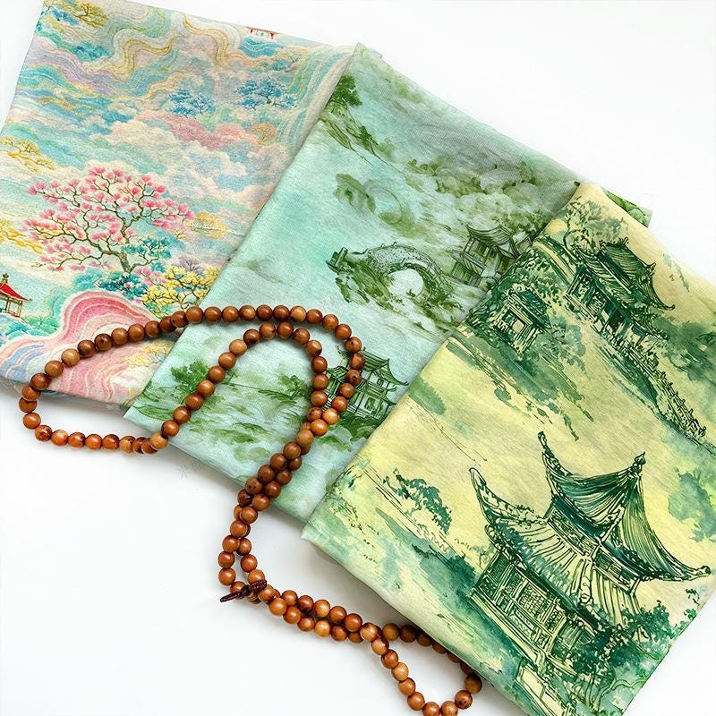 Chinese Landscape Cotton Fabric by Yard, Jiangnan Pavilion Scenic Print Textile, Soft Dress Fabric for Sewing Quilting Crafts, 59"Wide