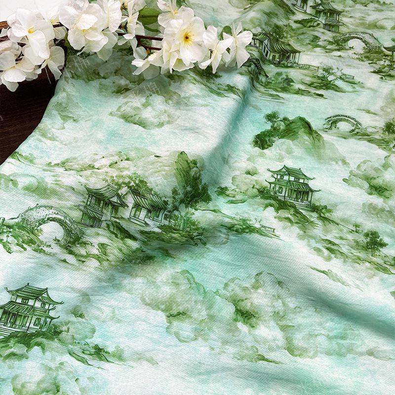 Chinese Landscape Cotton Fabric by Yard, Jiangnan Pavilion Scenic Print Textile, Soft Dress Fabric for Sewing Quilting Crafts, 59"Wide