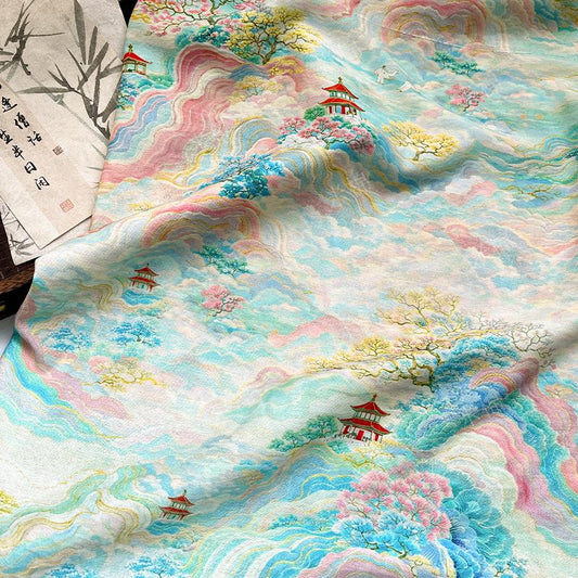 Chinese Landscape Cotton Fabric by Yard, Jiangnan Pavilion Scenic Print Textile, Soft Dress Fabric for Sewing Quilting Crafts, 59"Wide - Poppylollipop