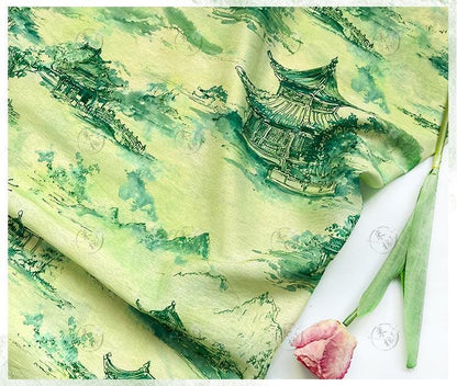 Chinese Landscape Cotton Fabric by Yard, Jiangnan Pavilion Scenic Print Textile, Soft Dress Fabric for Sewing Quilting Crafts, 59"Wide