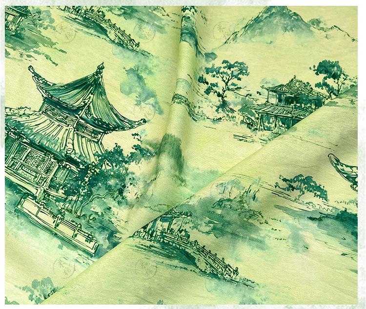 Chinese Landscape Cotton Fabric by Yard, Jiangnan Pavilion Scenic Print Textile, Soft Dress Fabric for Sewing Quilting Crafts, 59"Wide