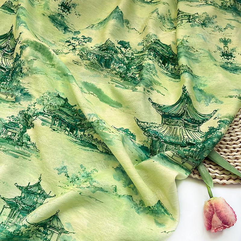 Chinese Landscape Cotton Fabric by Yard, Jiangnan Pavilion Scenic Print Textile, Soft Dress Fabric for Sewing Quilting Crafts, 59"Wide