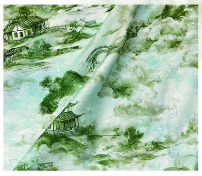 Chinese Landscape Cotton Fabric by Yard, Jiangnan Pavilion Scenic Print Textile, Soft Dress Fabric for Sewing Quilting Crafts, 59"Wide