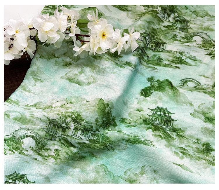 Chinese Landscape Cotton Fabric by Yard, Jiangnan Pavilion Scenic Print Textile, Soft Dress Fabric for Sewing Quilting Crafts, 59"Wide