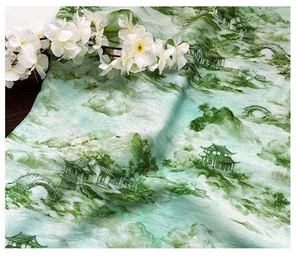 Chinese Landscape Cotton Fabric by Yard, Jiangnan Pavilion Scenic Print Textile, Soft Dress Fabric for Sewing Quilting Crafts, 59"Wide