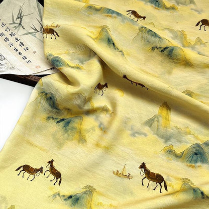 Golden Mist Mountain Horse Print Cotton Fabric by Yard, Chinese Landscape Scenic Textile, Oriental Dress Fabric for Sewing Decor, 59"Wide