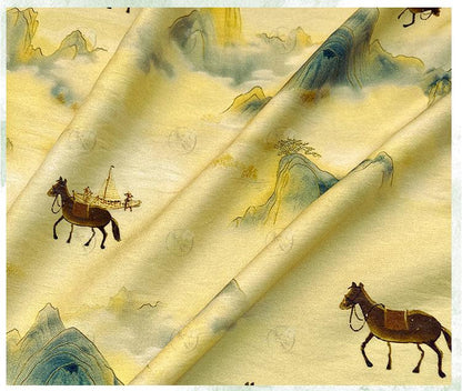 Golden Mist Mountain Horse Print Cotton Fabric by Yard, Chinese Landscape Scenic Textile, Oriental Dress Fabric for Sewing Decor, 59"Wide