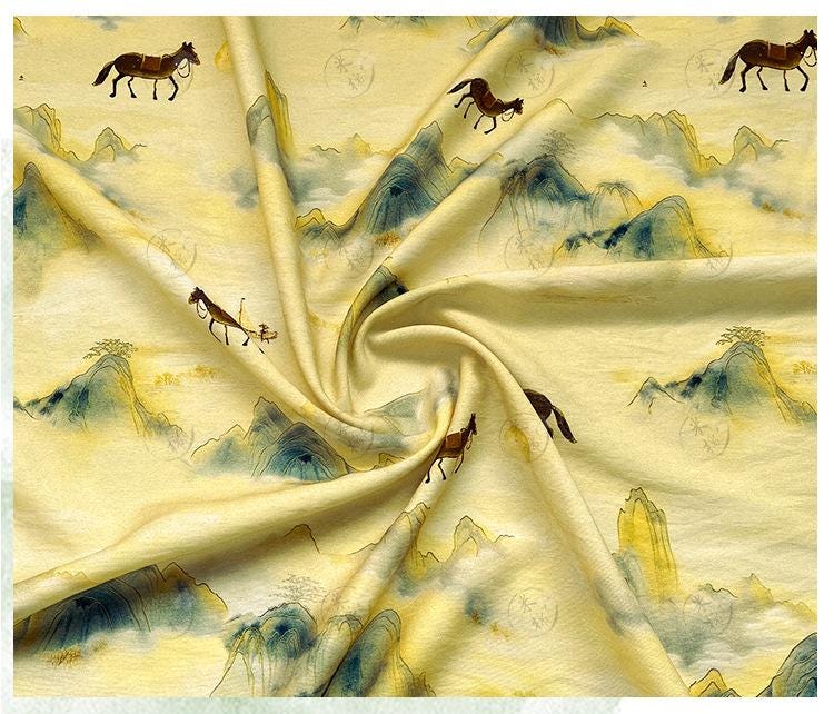 Golden Mist Mountain Horse Print Cotton Fabric by Yard, Chinese Landscape Scenic Textile, Oriental Dress Fabric for Sewing Decor, 59"Wide