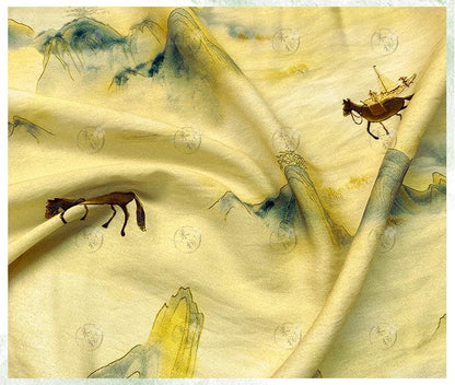 Golden Mist Mountain Horse Print Cotton Fabric by Yard, Chinese Landscape Scenic Textile, Oriental Dress Fabric for Sewing Decor, 59"Wide