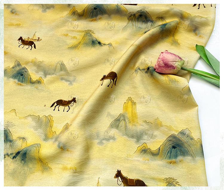 Golden Mist Mountain Horse Print Cotton Fabric by Yard, Chinese Landscape Scenic Textile, Oriental Dress Fabric for Sewing Decor, 59"Wide