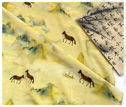 Golden Mist Mountain Horse Print Cotton Fabric by Yard, Chinese Landscape Scenic Textile, Oriental Dress Fabric for Sewing Decor, 59"Wide