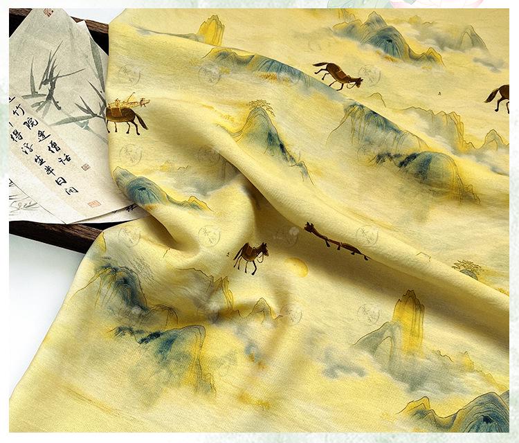 Golden Mist Mountain Horse Print Cotton Fabric by Yard, Chinese Landscape Scenic Textile, Oriental Dress Fabric for Sewing Decor, 59"Wide