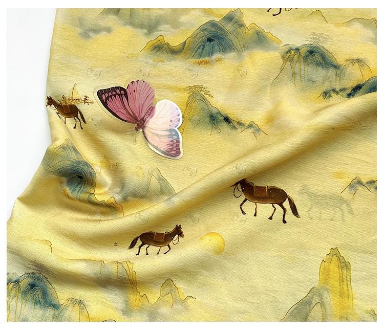 Golden Mist Mountain Horse Print Cotton Fabric by Yard, Chinese Landscape Scenic Textile, Oriental Dress Fabric for Sewing Decor, 59"Wide