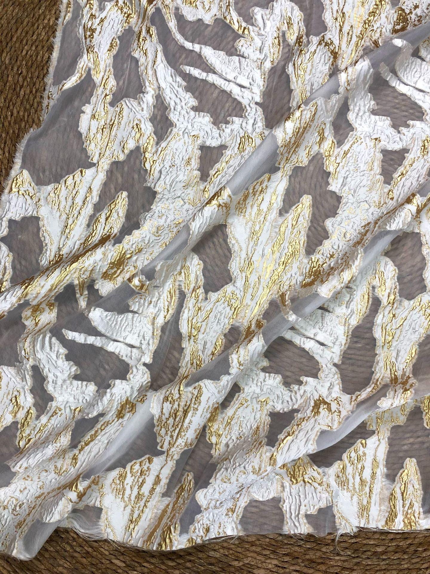 Gold Marble Organza Fabric by Yard, Embossed Irregular Jacquard Sheer Textile, Luxury Bridal Wedding Dress Fabric, 56"Wide