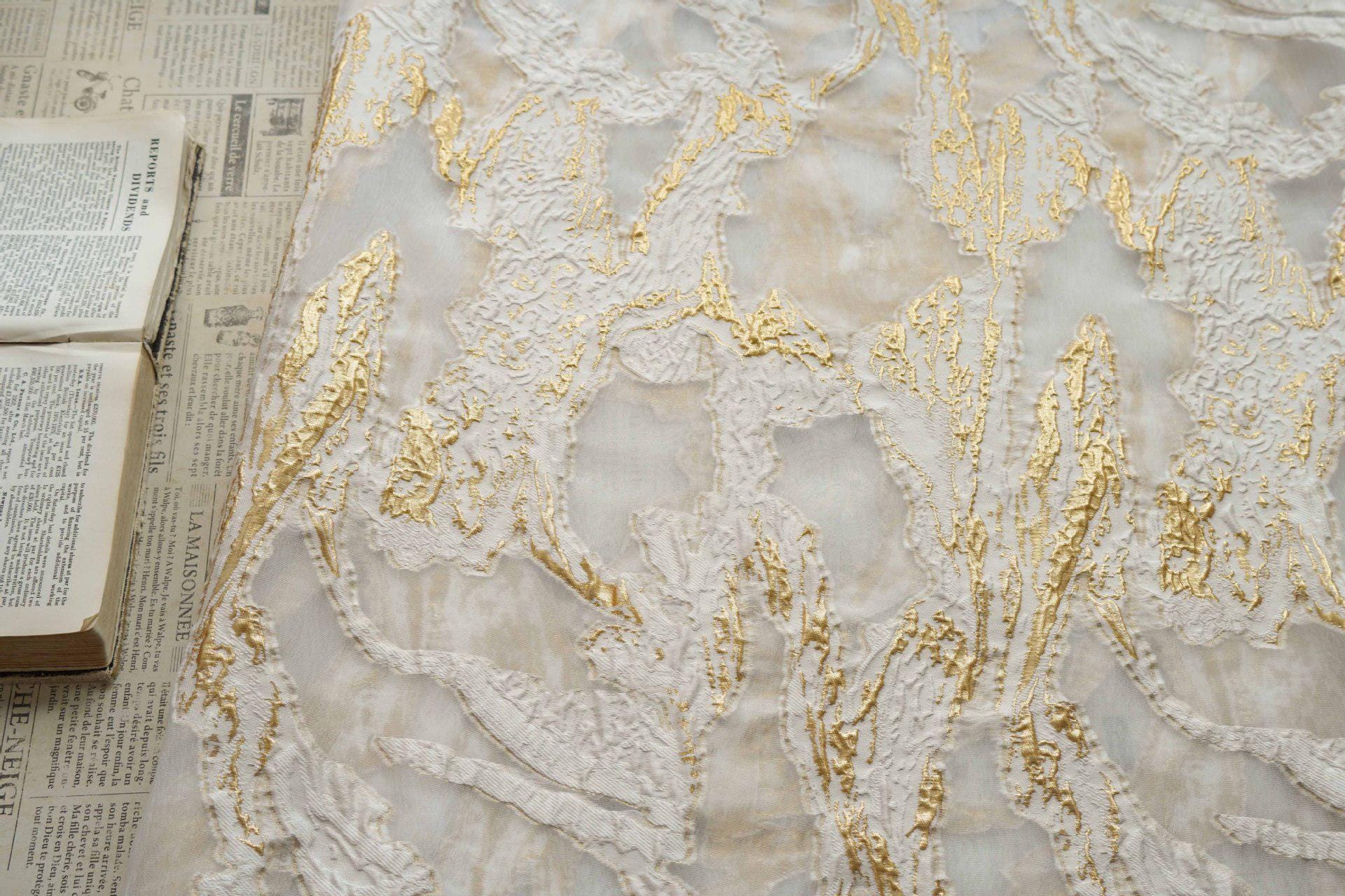 Gold Marble Organza Fabric by Yard, Embossed Irregular Jacquard Sheer Textile, Luxury Bridal Wedding Dress Fabric, 56"Wide