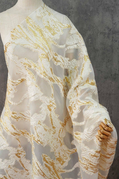 Gold Marble Organza Fabric by Yard, Embossed Irregular Jacquard Sheer Textile, Luxury Bridal Wedding Dress Fabric, 56"Wide