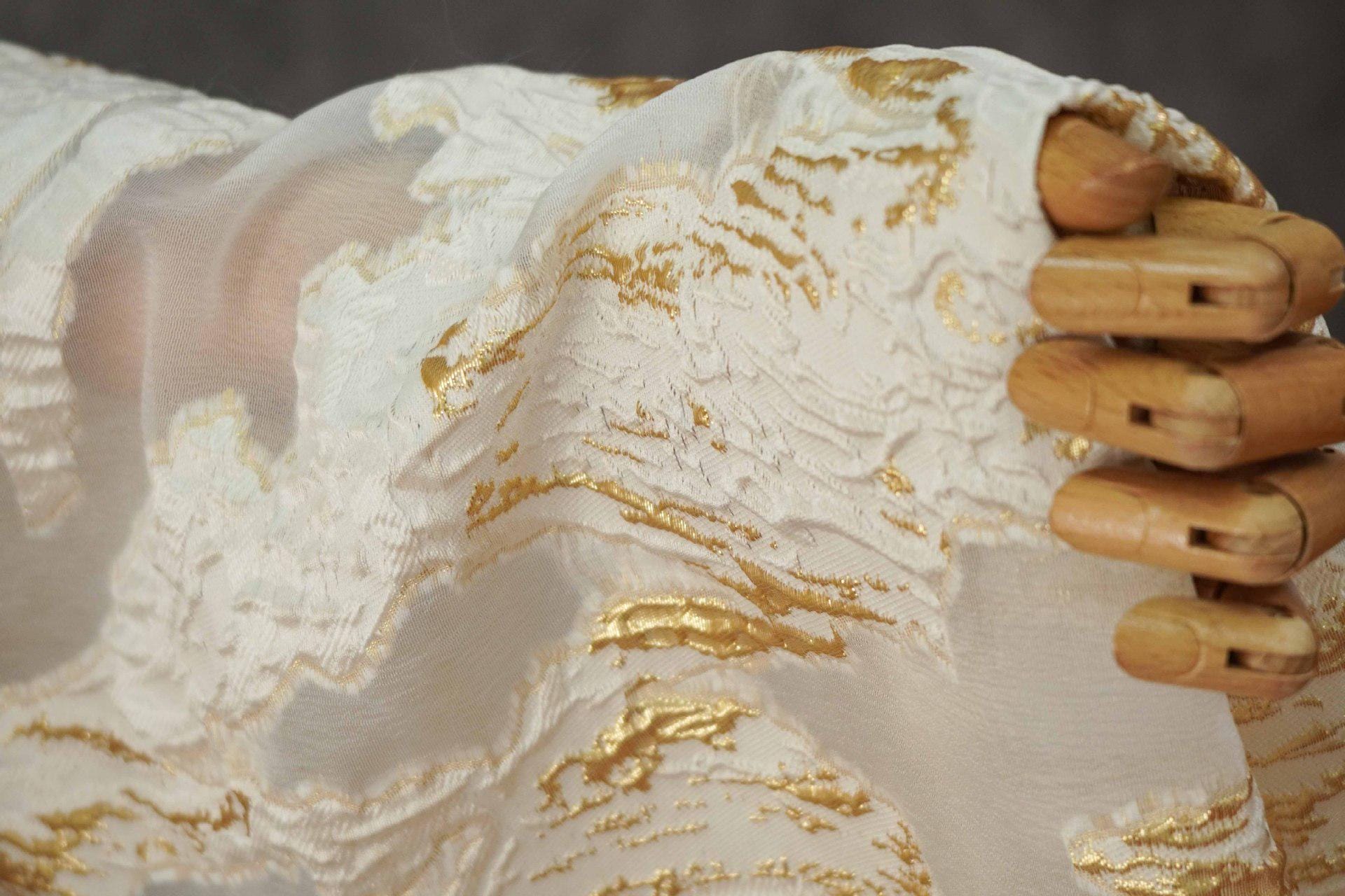 Gold Marble Organza Fabric by Yard, Embossed Irregular Jacquard Sheer Textile, Luxury Bridal Wedding Dress Fabric, 56"Wide