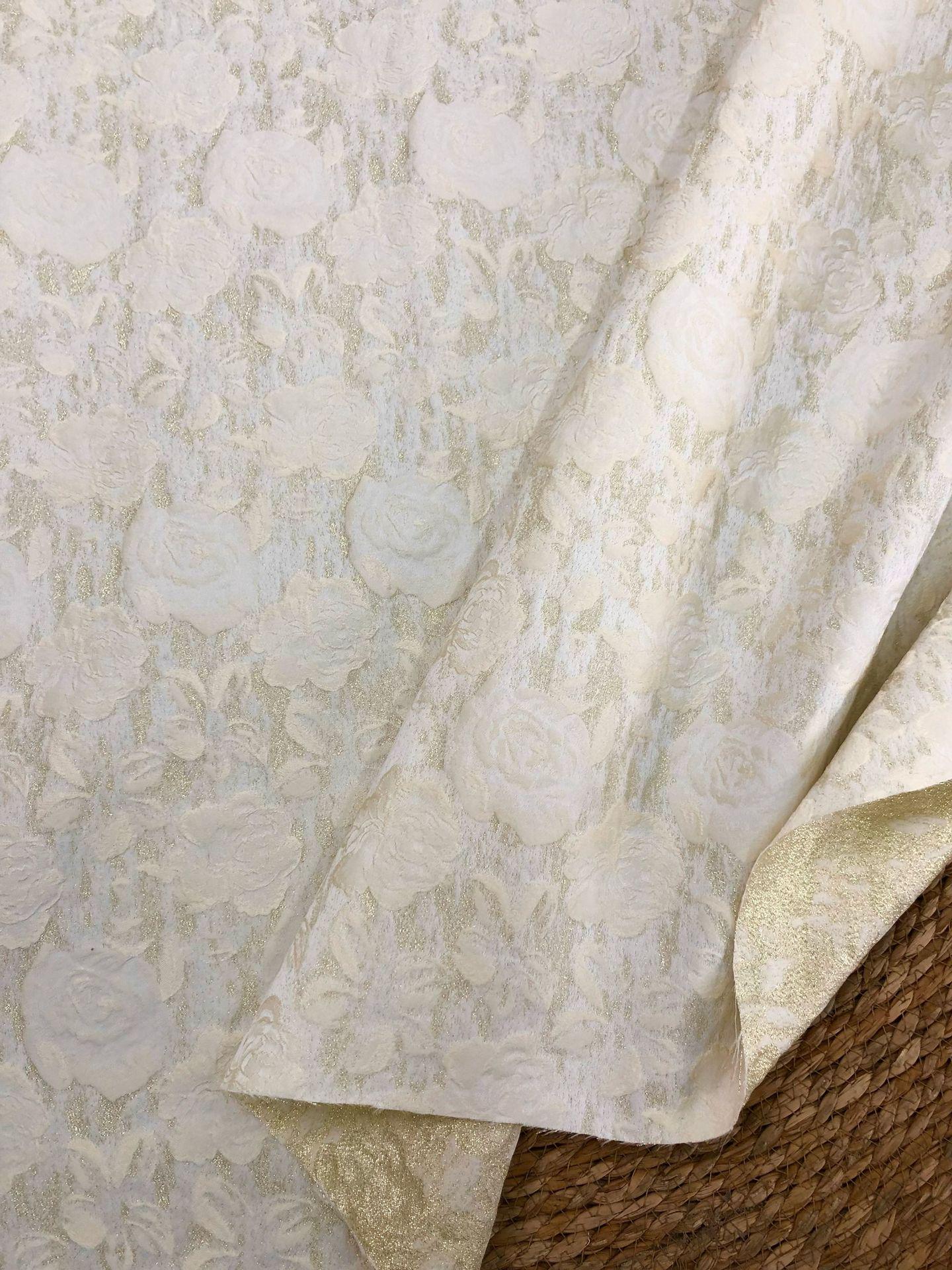 Luxury Ivory Rose Jacquard Fabric, Embossed Gold Floral Brocade Textile for Bridal Wedding Dress Couture Design, 63"Wide