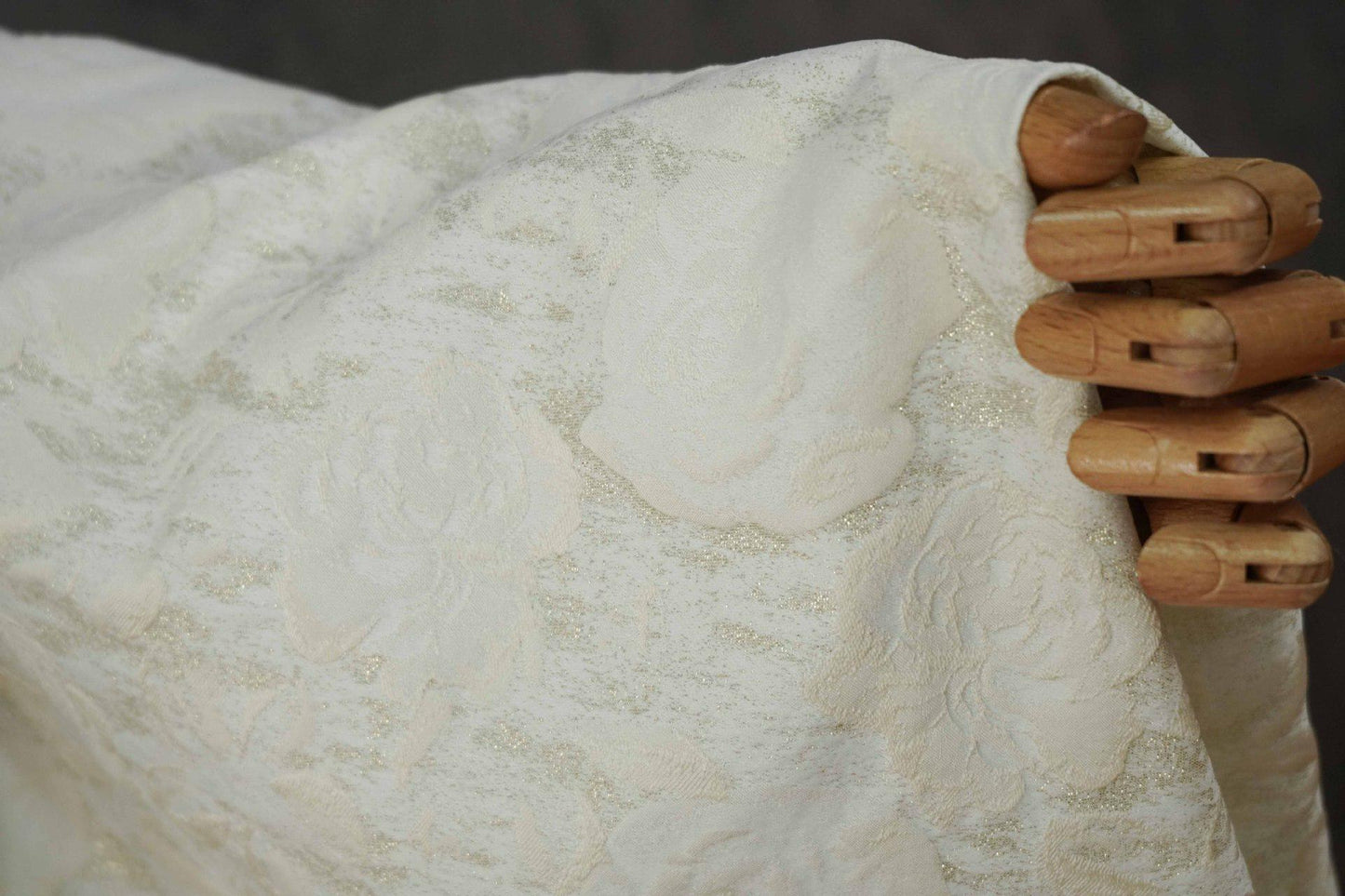 Luxury Ivory Rose Jacquard Fabric, Embossed Gold Floral Brocade Textile for Bridal Wedding Dress Couture Design, 63"Wide