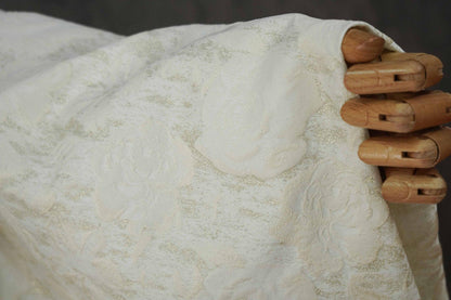 Luxury Ivory Rose Jacquard Fabric, Embossed Gold Floral Brocade Textile for Bridal Wedding Dress Couture Design, 63"Wide