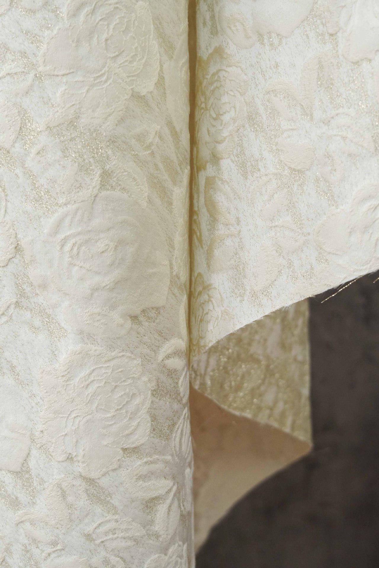 Luxury Ivory Rose Jacquard Fabric, Embossed Gold Floral Brocade Textile for Bridal Wedding Dress Couture Design, 63"Wide