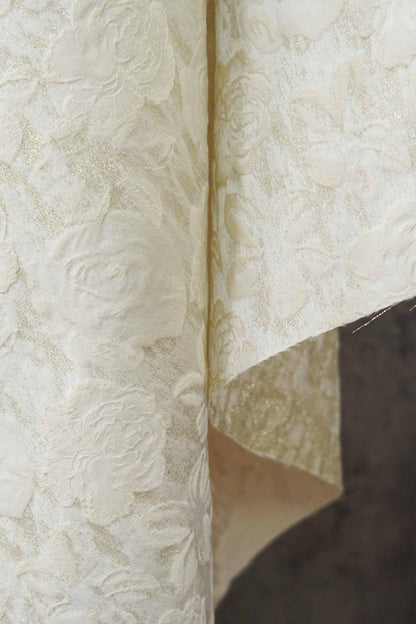 Luxury Ivory Rose Jacquard Fabric, Embossed Gold Floral Brocade Textile for Bridal Wedding Dress Couture Design, 63"Wide
