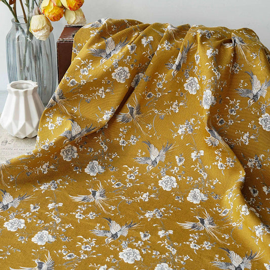 Mustard Yellow Floral Jacquard Fabric by Yard, Embossed Bird Flower Textile, Vintage Woven Dress Fabric for Sewing Crafts, 63"Wide - Poppylollipop