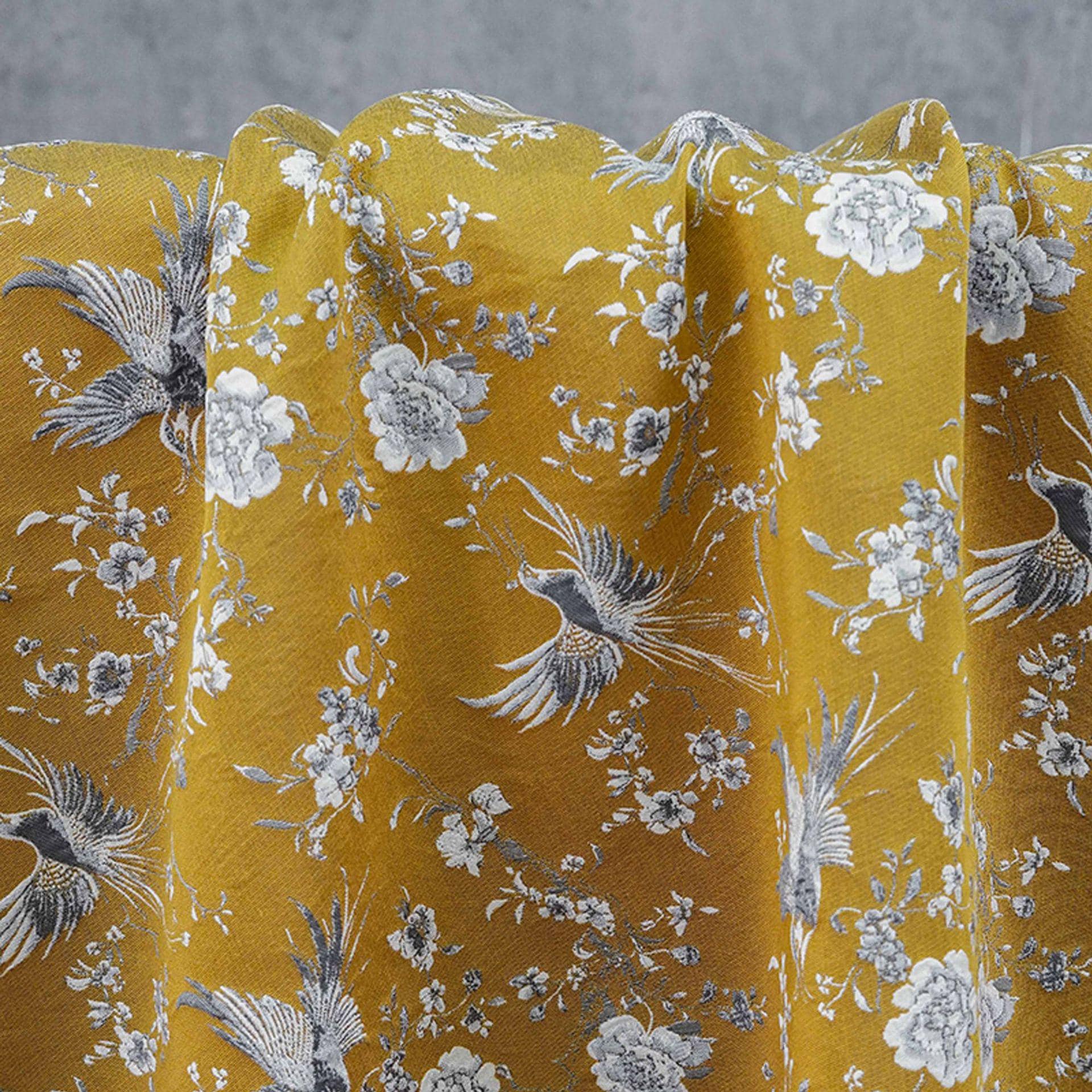 Mustard Yellow Floral Jacquard Fabric by Yard, Embossed Bird Flower Textile, Vintage Woven Dress Fabric for Sewing Crafts, 63"Wide