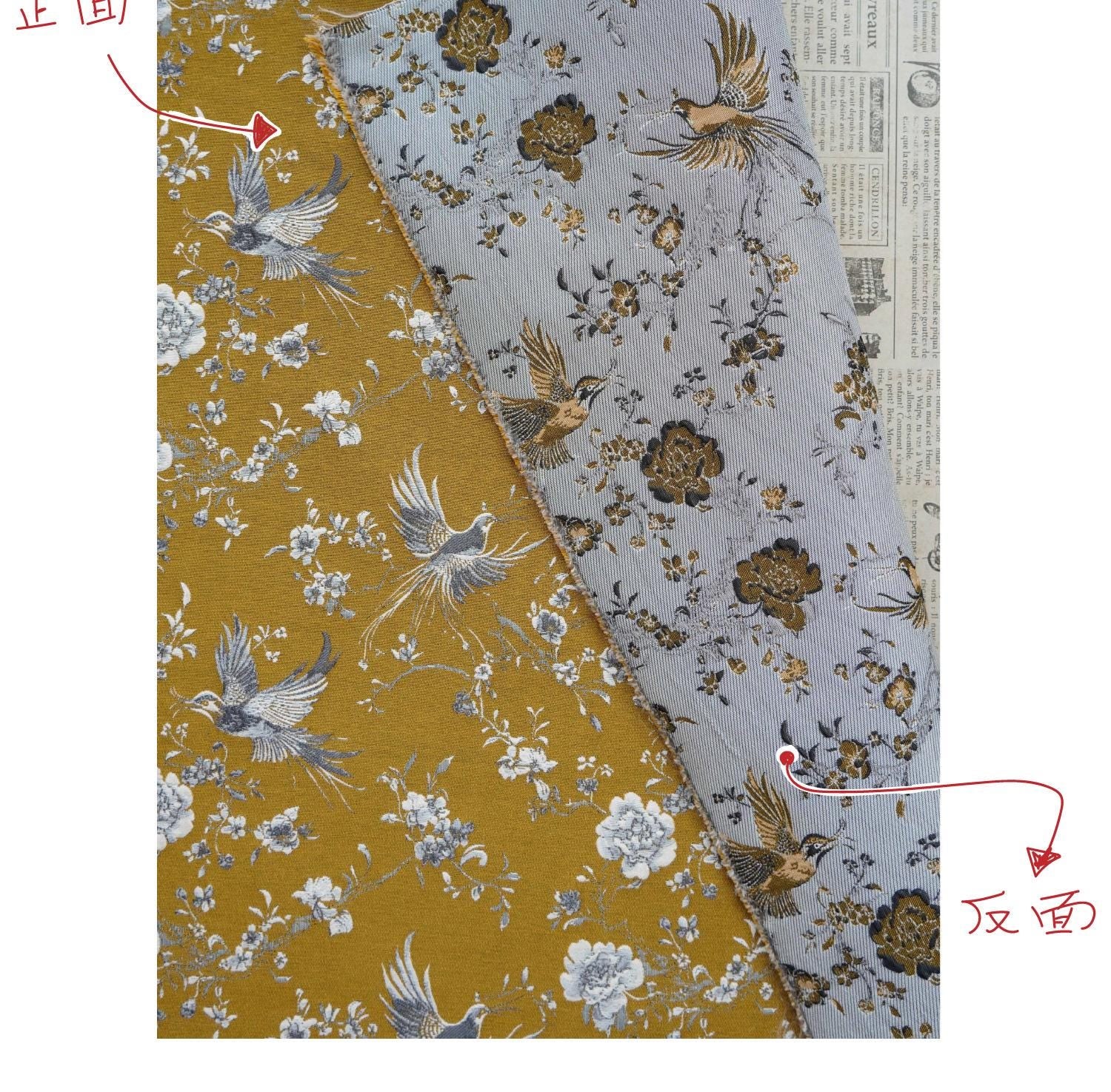 Mustard Yellow Floral Jacquard Fabric by Yard, Embossed Bird Flower Textile, Vintage Woven Dress Fabric for Sewing Crafts, 63"Wide