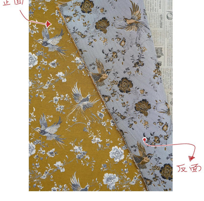 Mustard Yellow Floral Jacquard Fabric by Yard, Embossed Bird Flower Textile, Vintage Woven Dress Fabric for Sewing Crafts, 63"Wide