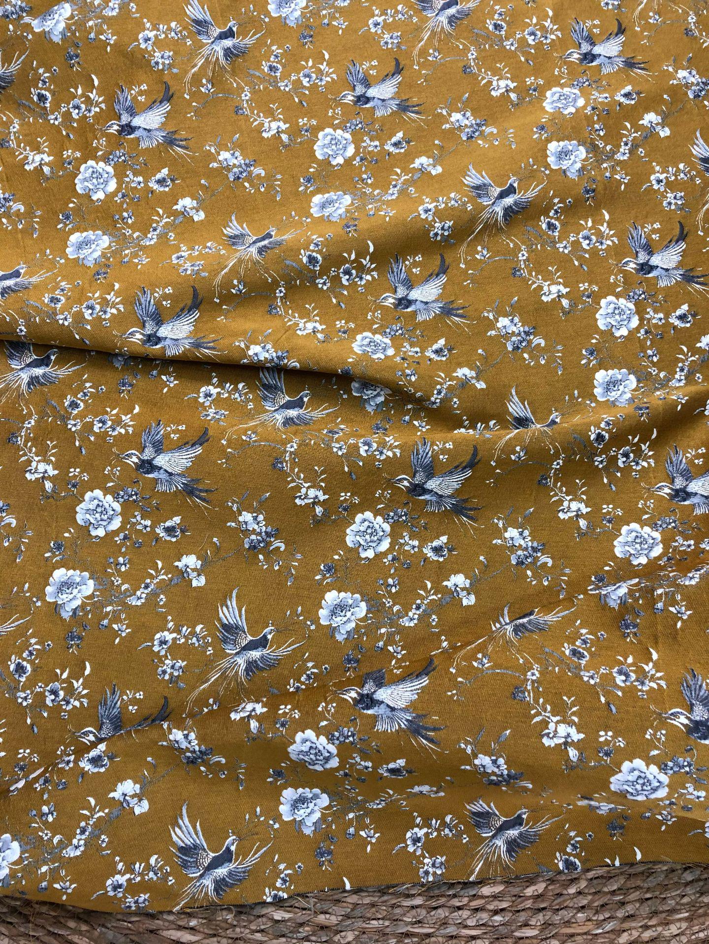 Mustard Yellow Floral Jacquard Fabric by Yard, Embossed Bird Flower Textile, Vintage Woven Dress Fabric for Sewing Crafts, 63"Wide