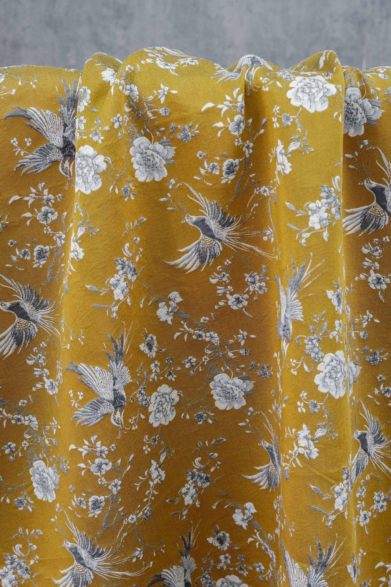 Mustard Yellow Floral Jacquard Fabric by Yard, Embossed Bird Flower Textile, Vintage Woven Dress Fabric for Sewing Crafts, 63"Wide