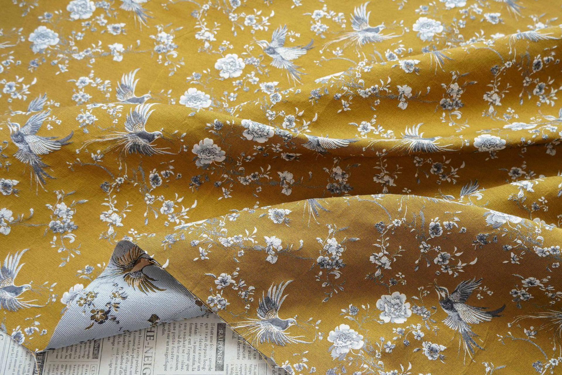 Mustard Yellow Floral Jacquard Fabric by Yard, Embossed Bird Flower Textile, Vintage Woven Dress Fabric for Sewing Crafts, 63"Wide