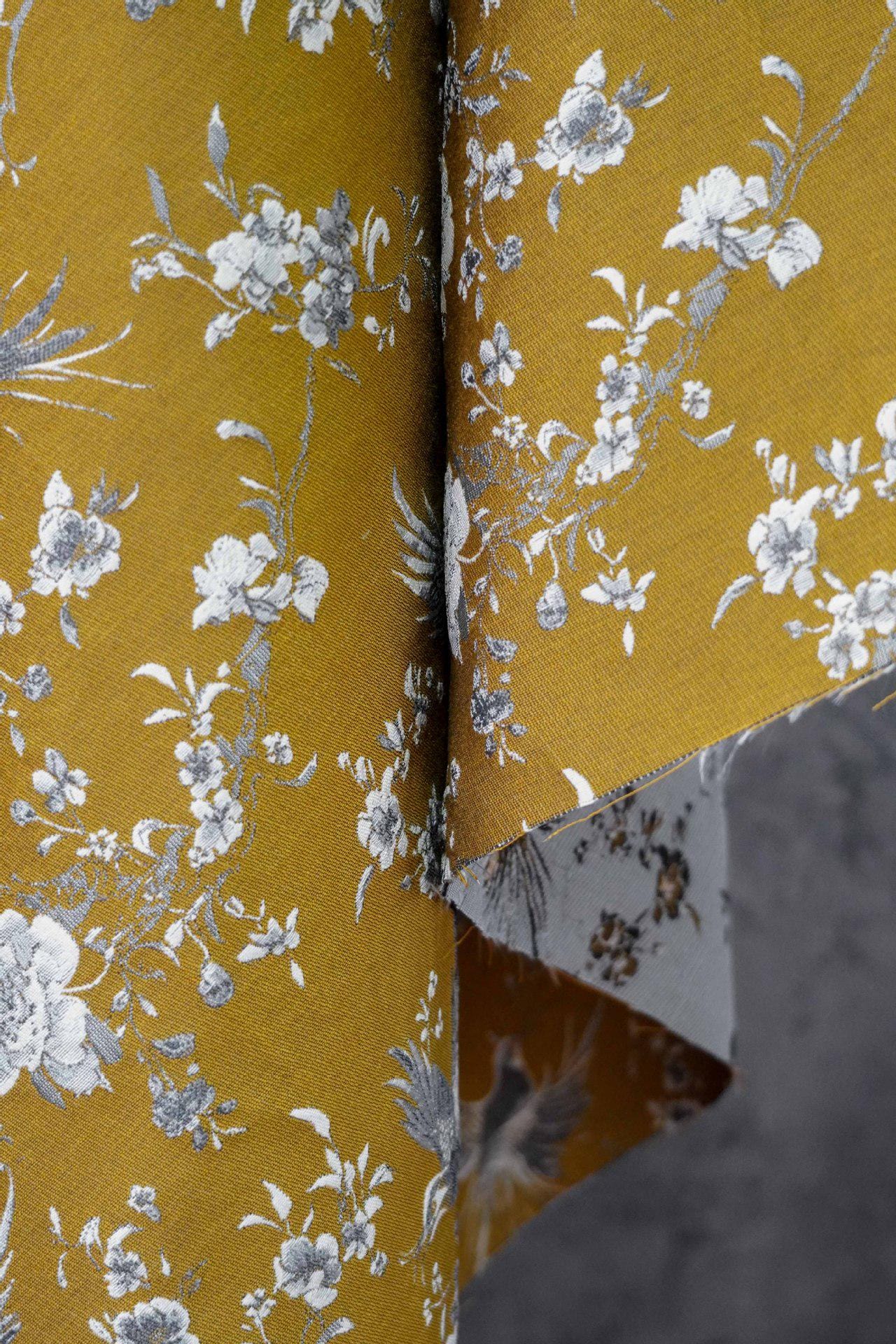 Mustard Yellow Floral Jacquard Fabric by Yard, Embossed Bird Flower Textile, Vintage Woven Dress Fabric for Sewing Crafts, 63"Wide
