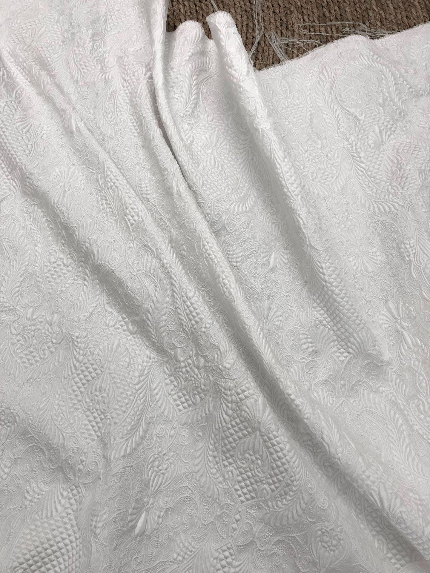 White Floral Jacquard Fabric by Yard, Embossed Vine Brocade Textile, Elegant Dress Fabric for Wedding Sewing Crafts Home Decor, 55"Wide