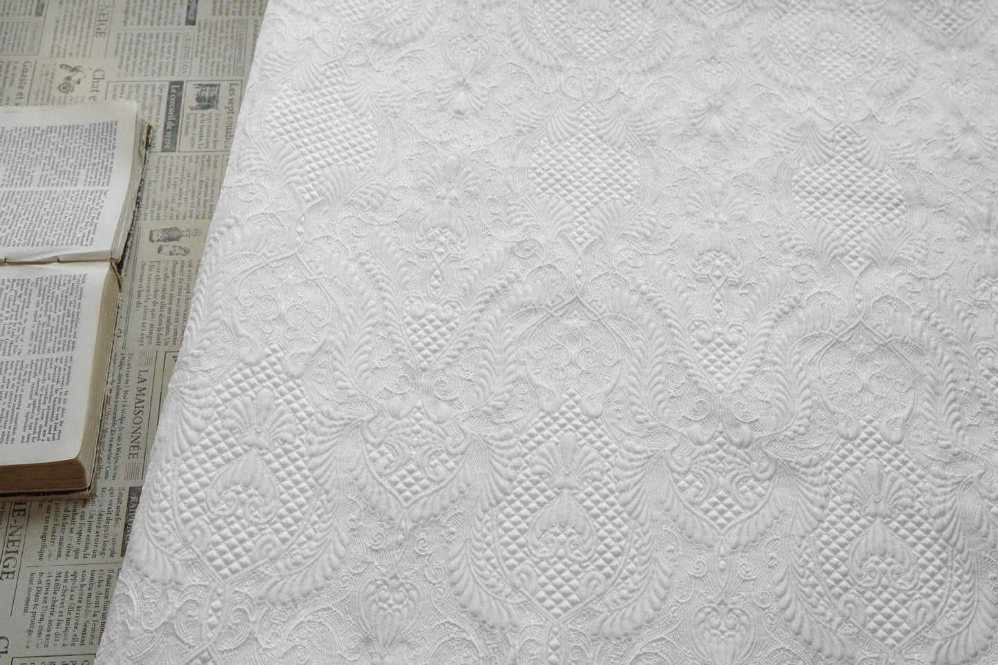 White Floral Jacquard Fabric by Yard, Embossed Vine Brocade Textile, Elegant Dress Fabric for Wedding Sewing Crafts Home Decor, 55"Wide
