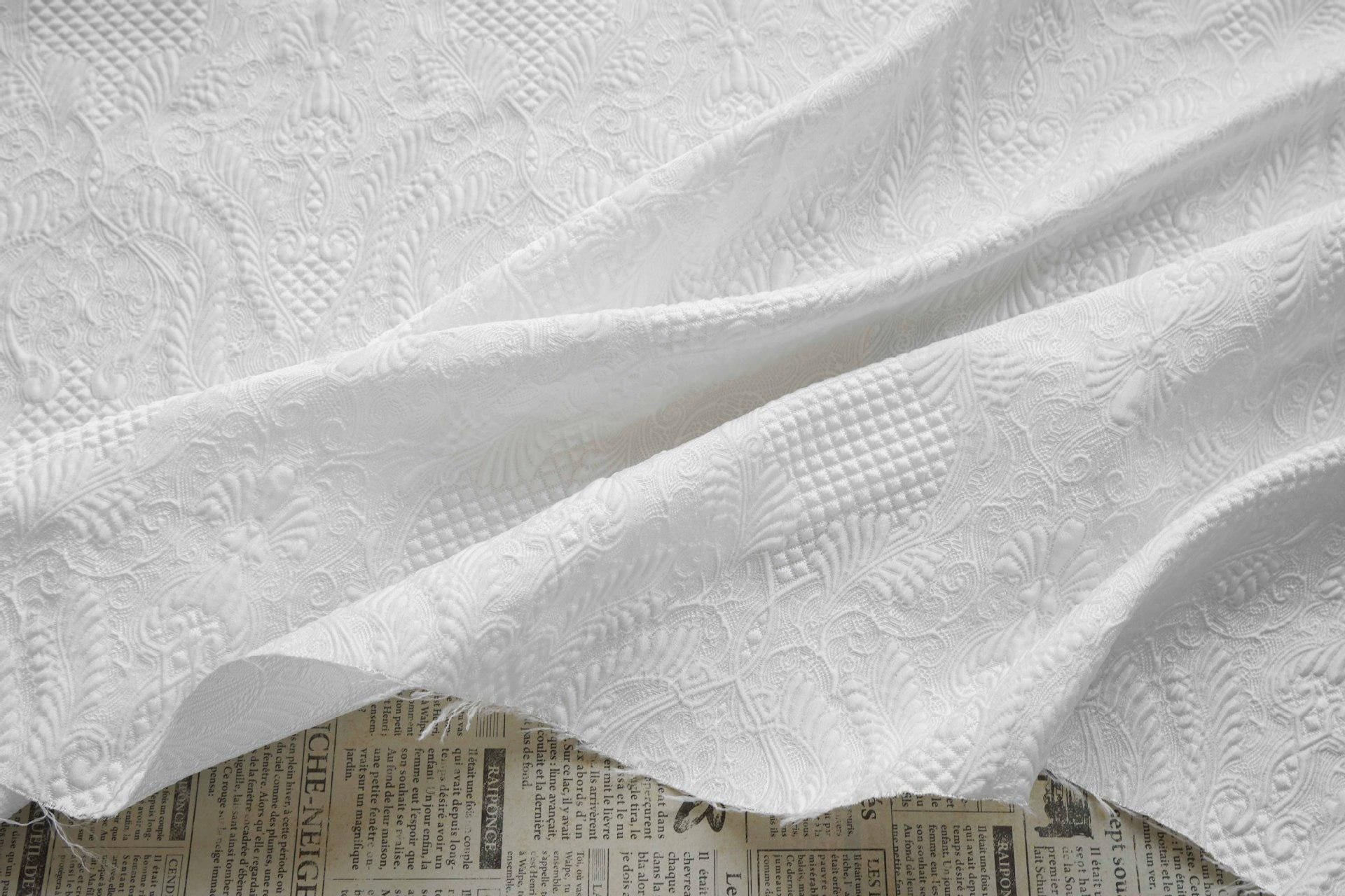 White Floral Jacquard Fabric by Yard, Embossed Vine Brocade Textile, Elegant Dress Fabric for Wedding Sewing Crafts Home Decor, 55"Wide