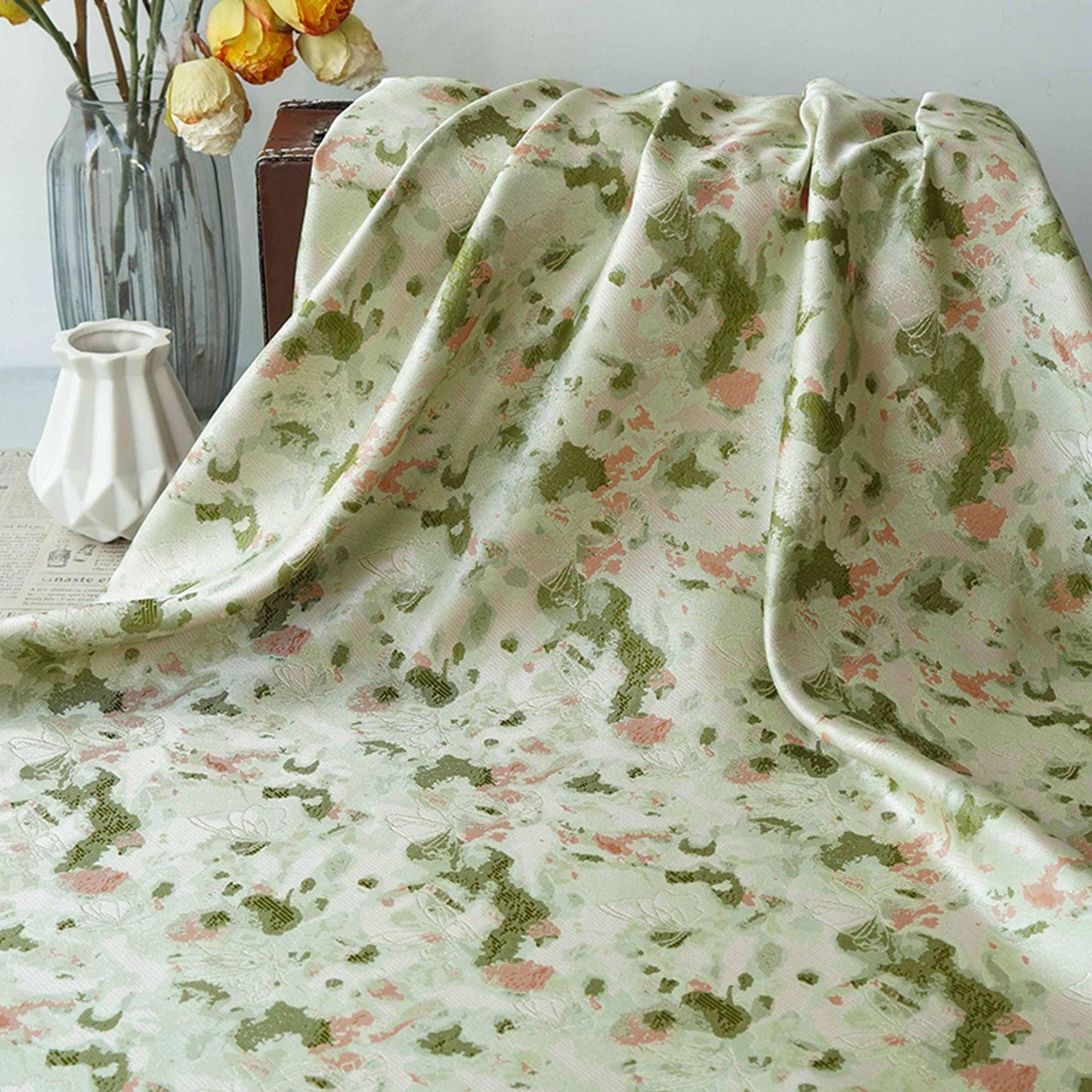 Green Floral Jacquard Fabric by Yard, Ink Wash Style Moss Print Textile, Soft Dress Fabric for Sewing Crafts Home Decor, 55"Wide