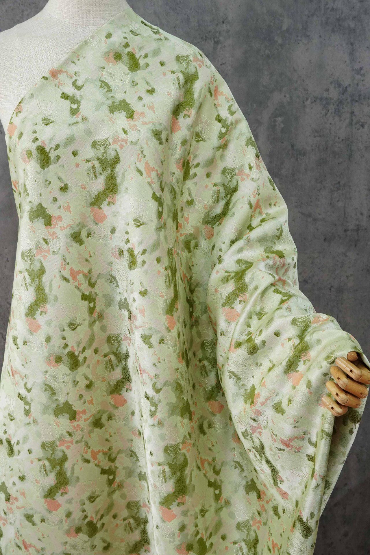 Green Floral Jacquard Fabric by Yard, Ink Wash Style Moss Print Textile, Soft Dress Fabric for Sewing Crafts Home Decor, 55"Wide