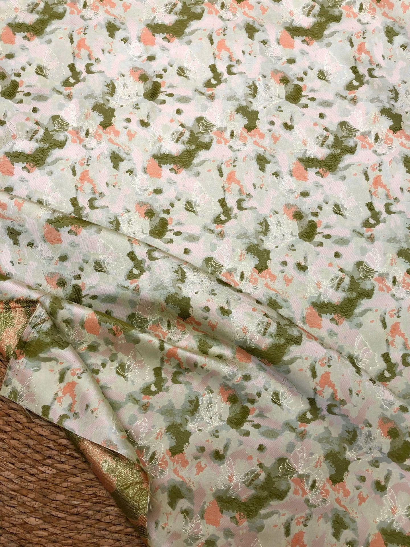 Green Floral Jacquard Fabric by Yard, Ink Wash Style Moss Print Textile, Soft Dress Fabric for Sewing Crafts Home Decor, 55"Wide