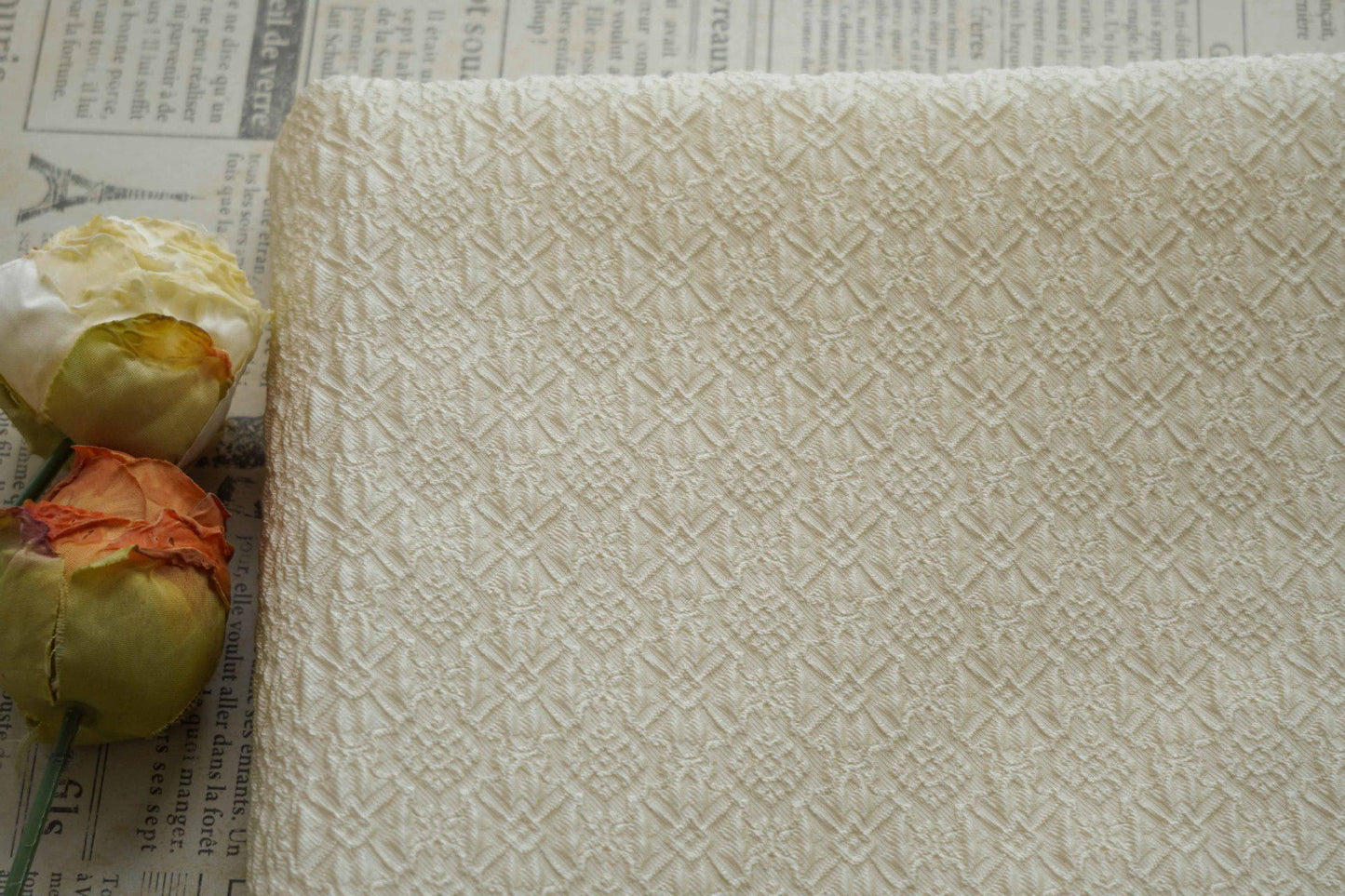 Embossed Jacquard Fabric, White Textured Geometric Floral Woven Textile, Elegant Brocade Fabric for Dress, Jacket, DIY Sewing, 53"Wide