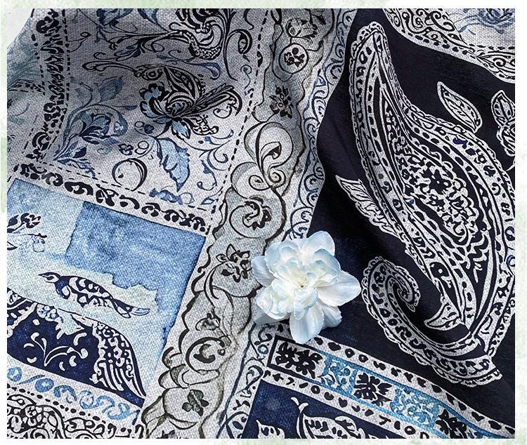 Blue Paisley Cotton Fabric, Vintage Floral Digital Print Textile, Boho Pattern Fabric for Dress, Shirt, Quilt, DIY Sewing Material