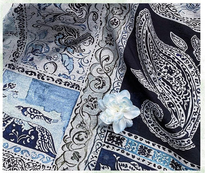 Blue Paisley Cotton Fabric, Vintage Floral Digital Print Textile, Boho Pattern Fabric for Dress, Shirt, Quilt, DIY Sewing Material
