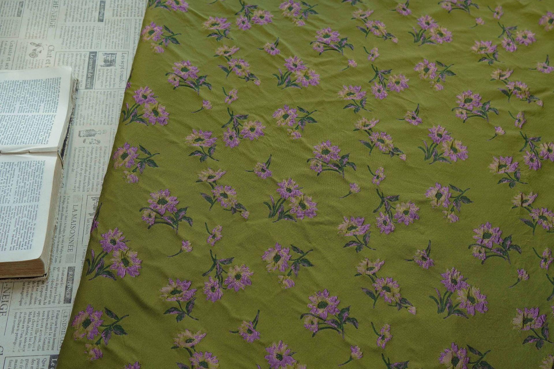 Green Floral Jacquard Fabric by Yard, Camellia Flower Embossed Textile, Vintage Dress Fabric for Sewing Crafts Home Decor, 63" Wide